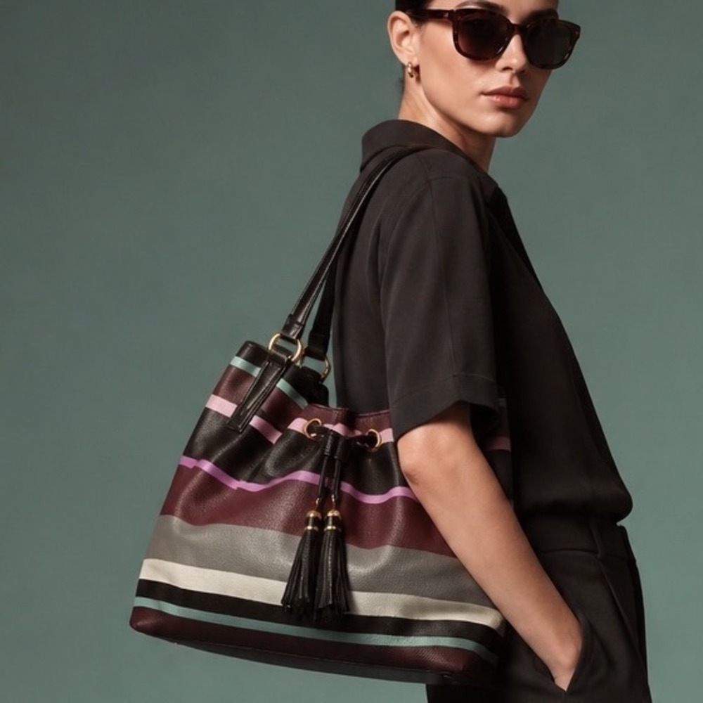 Striped Tassel Shoulder Bag Multi Color Faux Leather Boho Bucket Tote Purse
